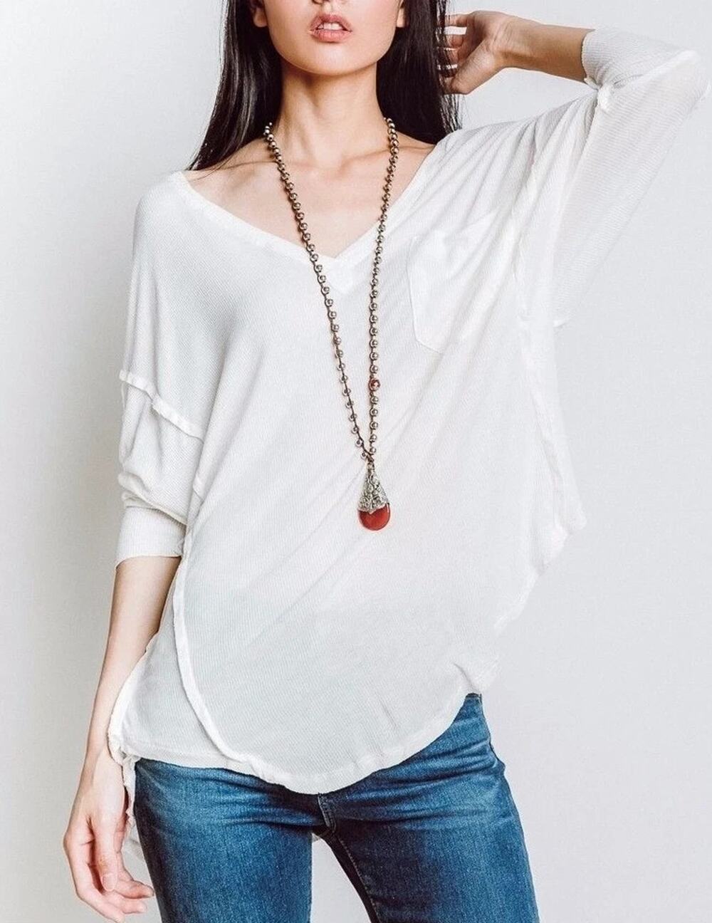 FREE PEOPLE Golden Gate oversized boho top Y2K Tee White/Ivory Medium A008481 - Picture 1 of 8